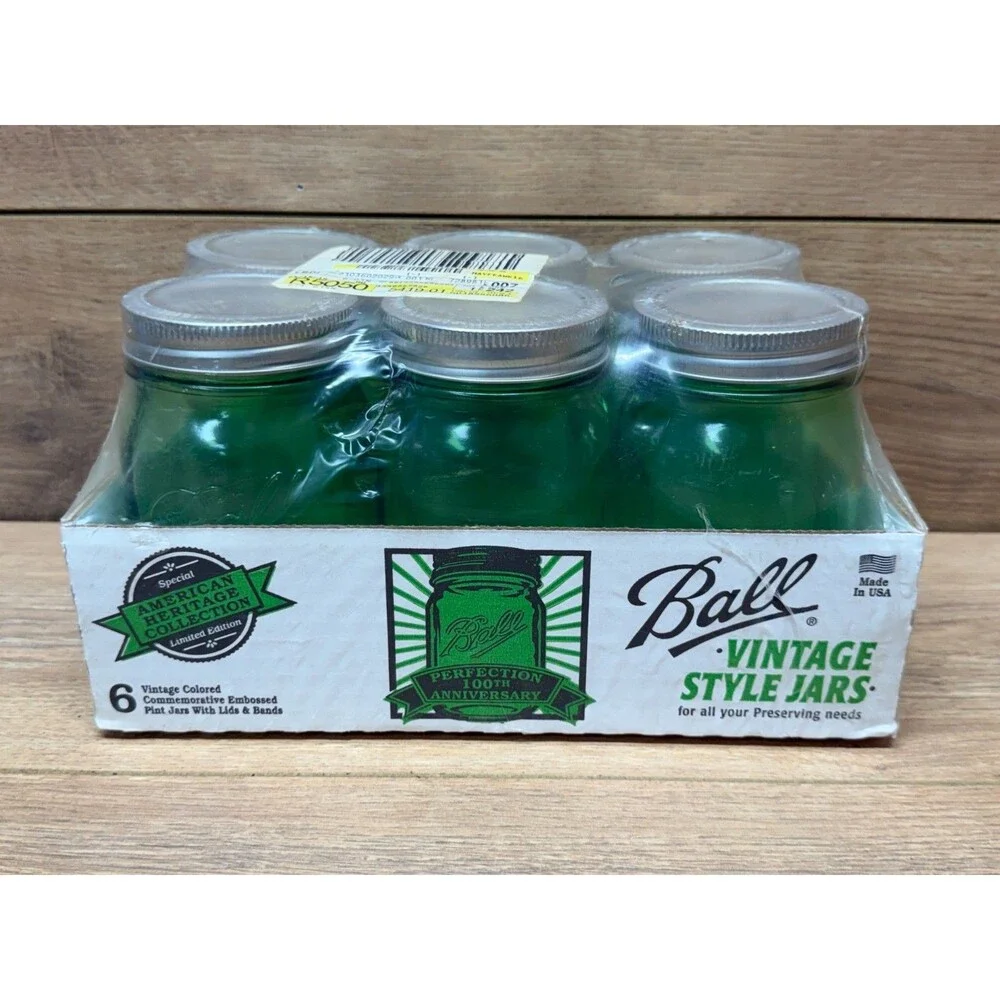 Ball Pint Mason Jars 100th Anniversary Limited Edition Full 6 Pack Green - New!